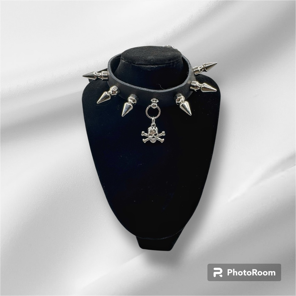 COPY - Handmade upcycled leather chunky spiked choker with skull charm